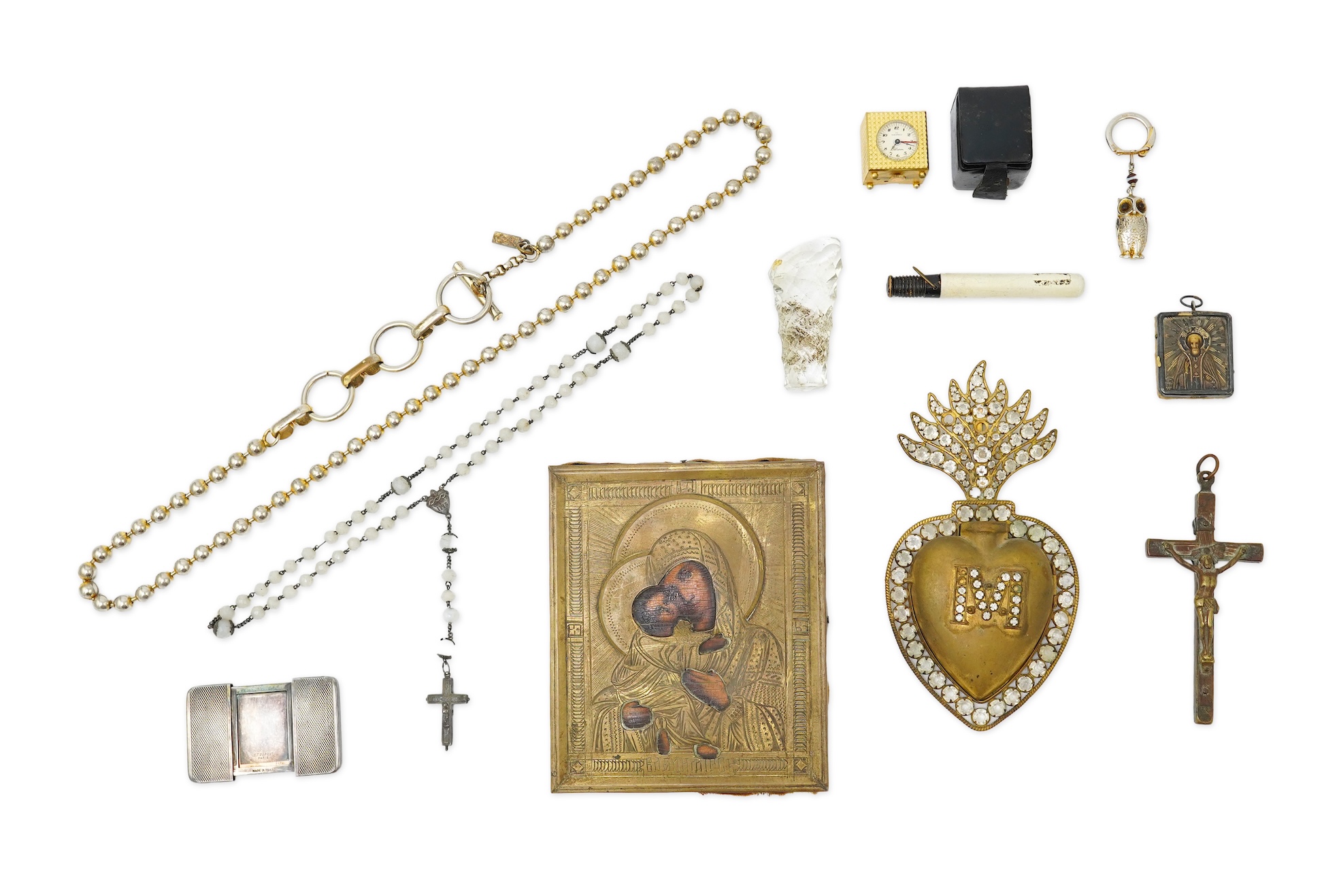 A collection of jewels and accessories including a Russian icon, comprising: a white glass bead rosary; a gilt metal and paste sacred heart motif for wall mounting, length 15.5cm; a gilt metal cube-shaped Nepro alarm clo
